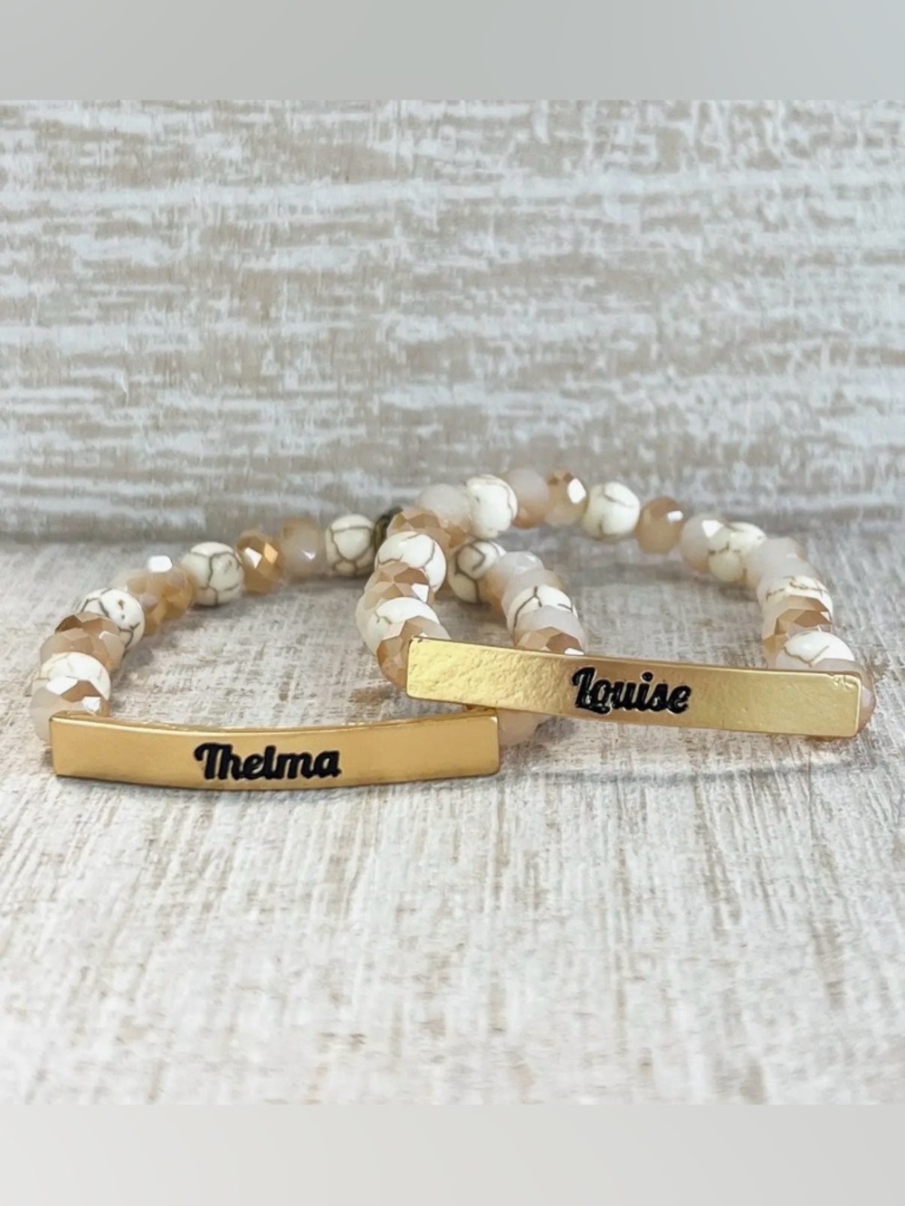 Thelma and Louise Gold and White Beaded BFF Friends Bracelet Set